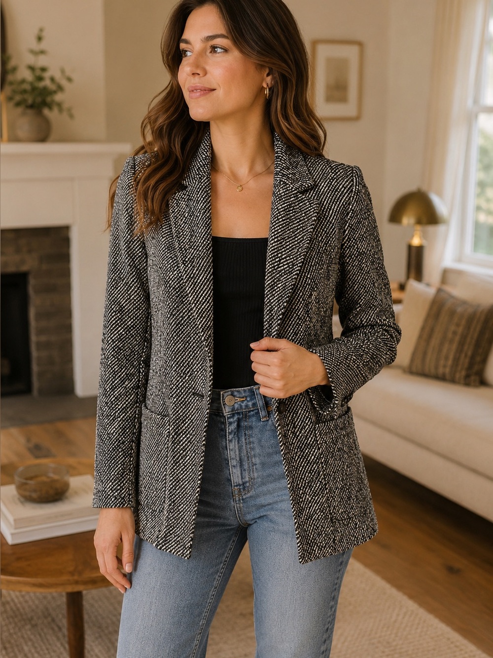 Black White Herringbone Tweed Blazer Small Career Preppy Wool Blend Jacket